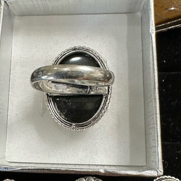 Silver sheen obsidian stamps, 925 silver overlay, gemstone ring oval adjustable - Picture 5 of 5